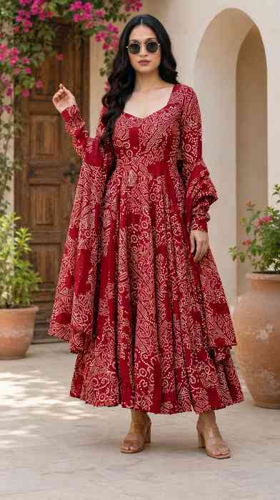 Women's Bandhani Print Flared Anarkali Muslin Kurta Set with Pant & Stylish Dupatta Ethnic